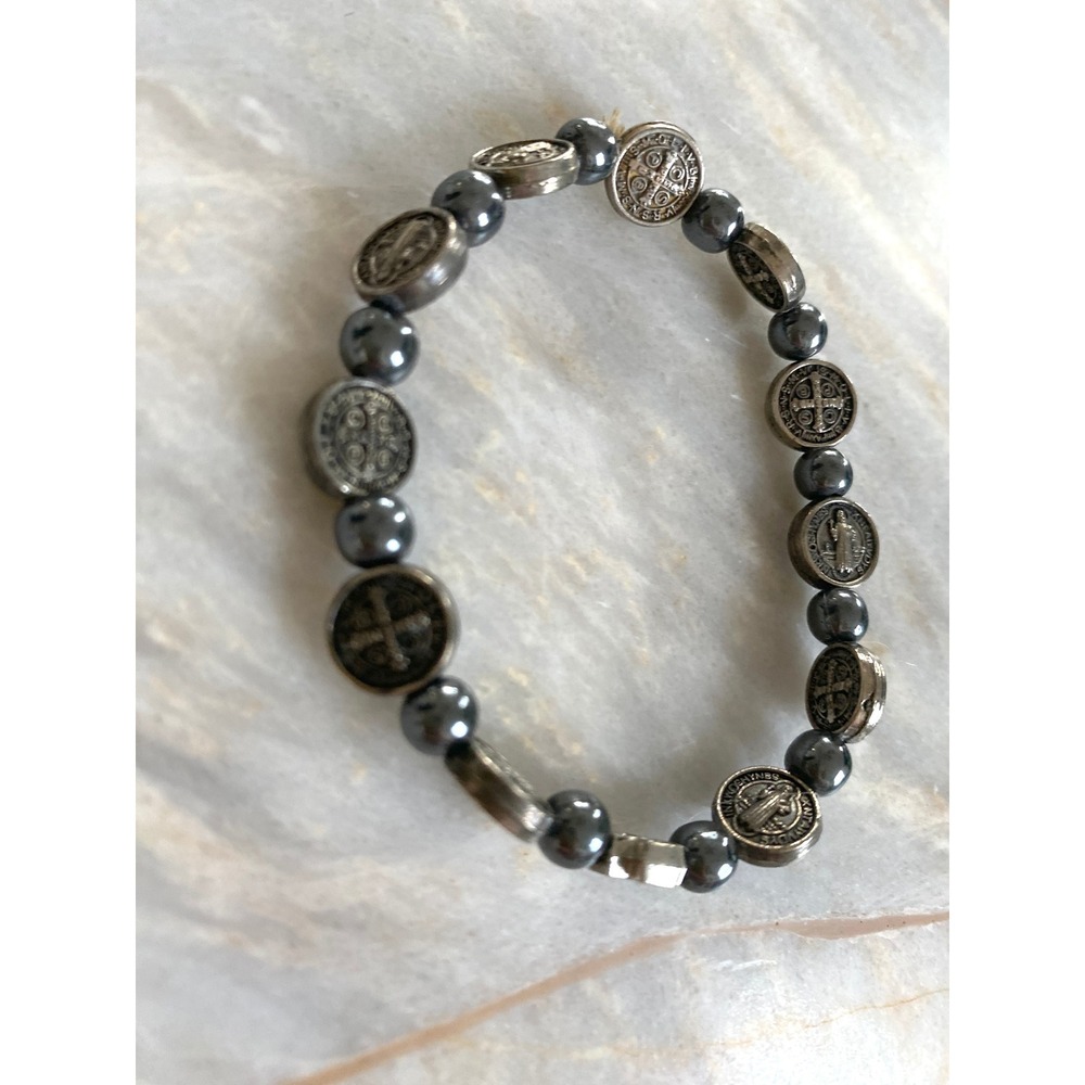 Saint Benedict Medal Hematite Bead‎ Stretch Bracelet Silver Gunmetal Religious